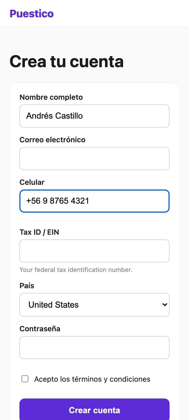 Pantalla de Andrés Castillo en el paso 5 (/registro.html). Marcado: Escribió en “Tax ID / EIN”.