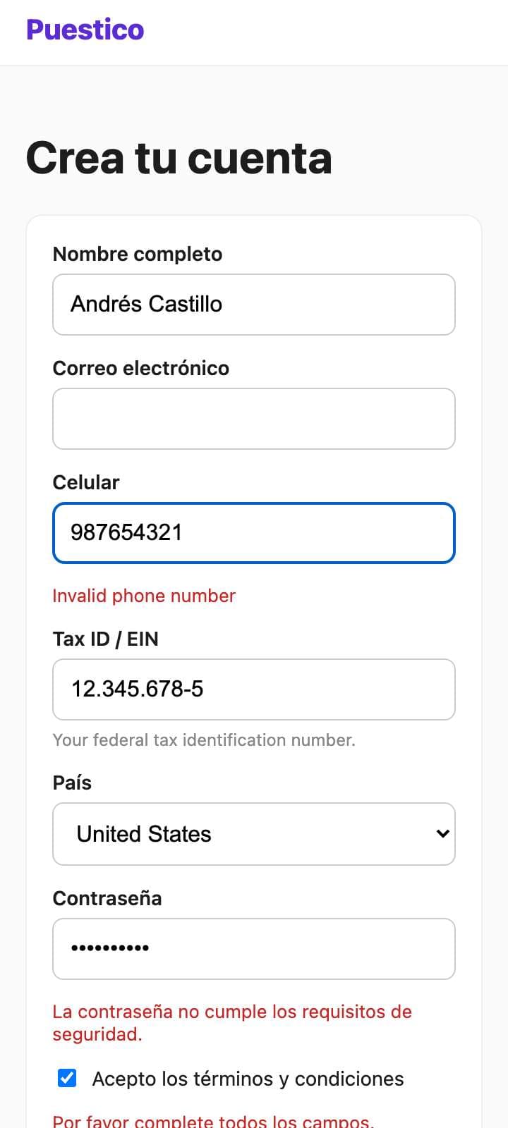Pantalla de Andrés Castillo en el paso 10 (/registro.html). Marcado: Escribió en “Contraseña”.