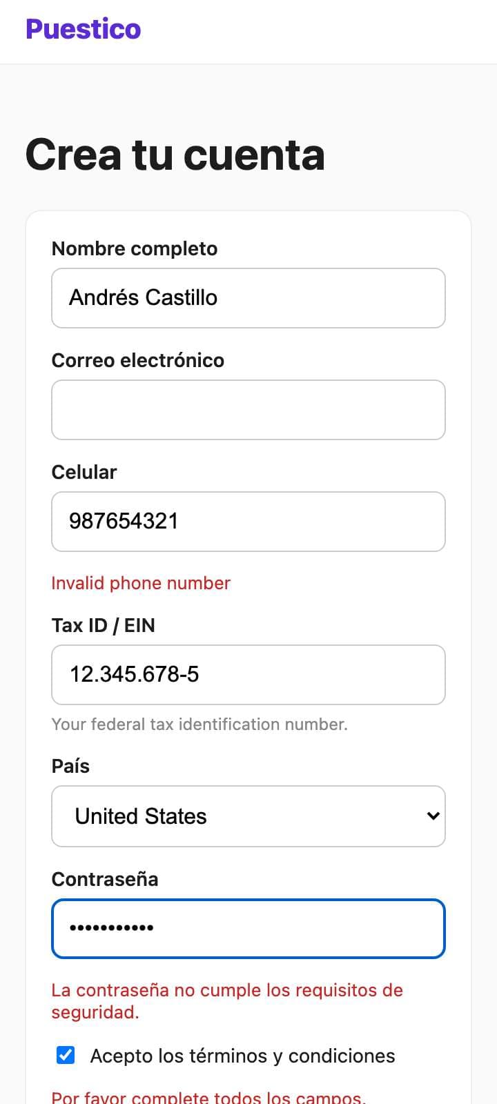 Pantalla de Andrés Castillo en el paso 11 (/registro.html).