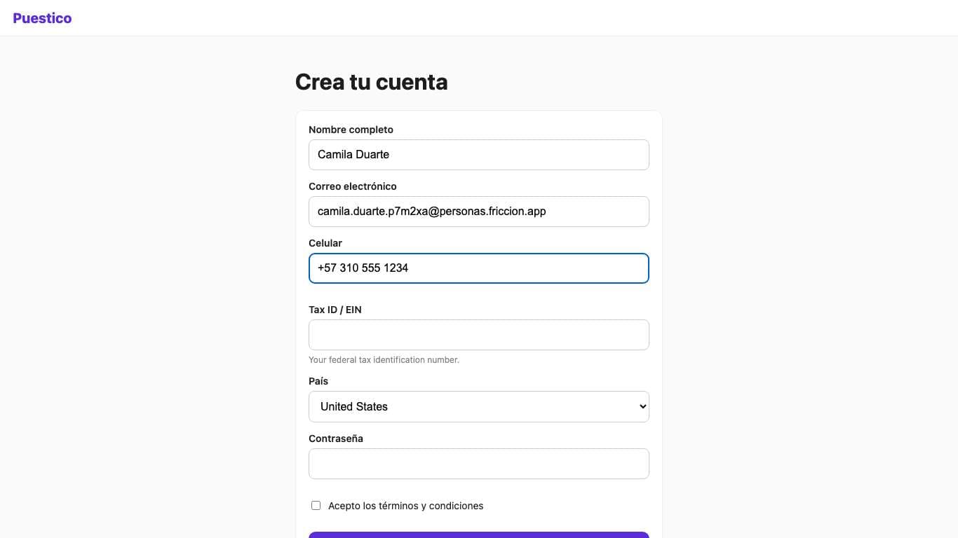Pantalla de Camila Duarte en el paso 5 (/registro.html). Marcado: Escribió en “Tax ID / EIN”.