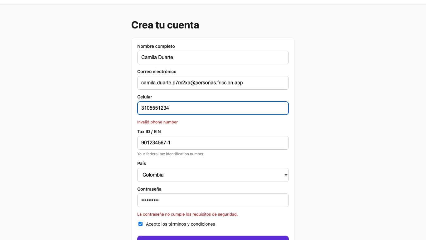 Pantalla de Camila Duarte en el paso 11 (/registro.html). Marcado: Escribió en “Contraseña”.