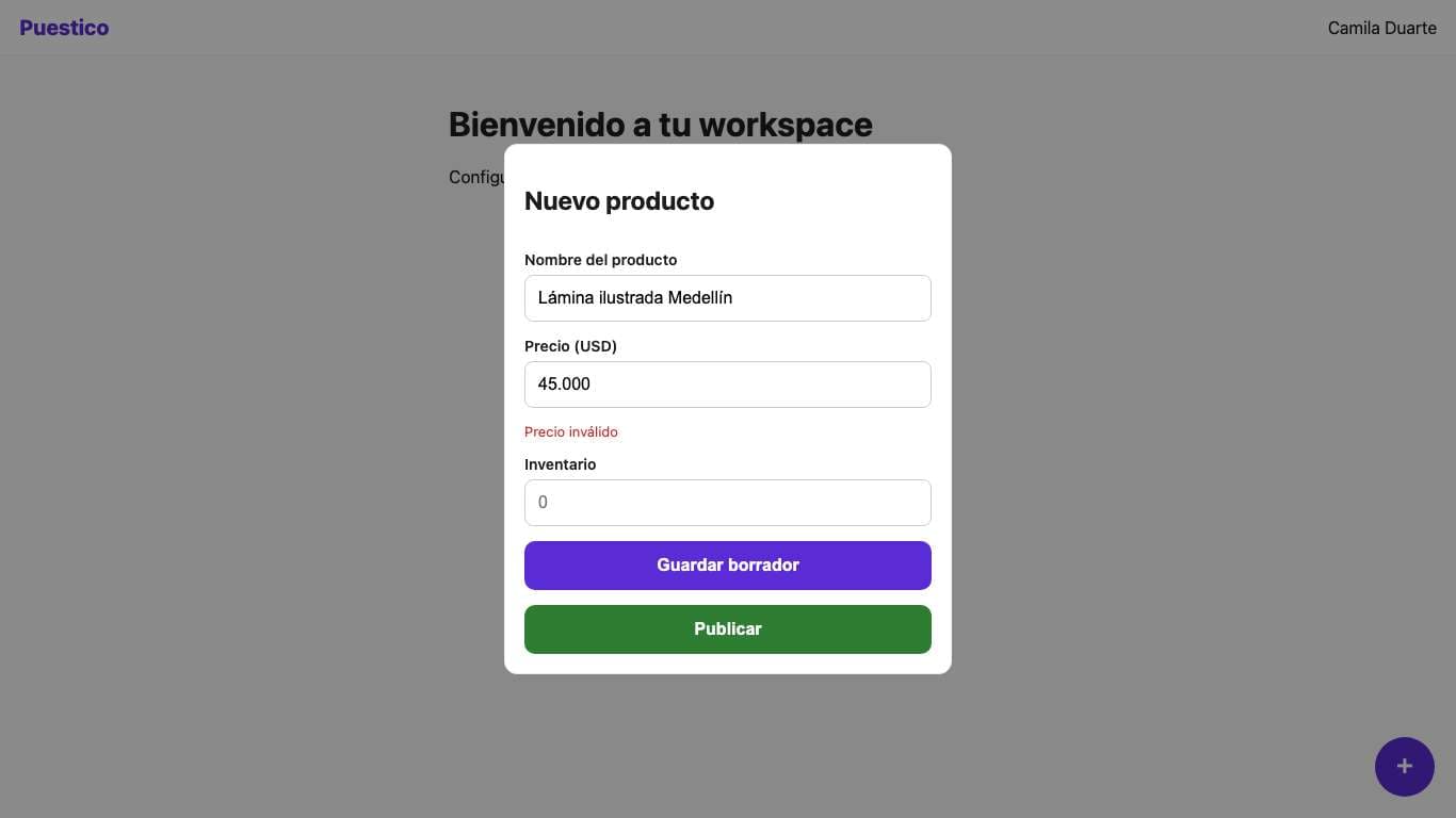 Pantalla de Camila Duarte en el paso 17 (/panel.html). Marcado: Escribió en “Precio (USD)”.