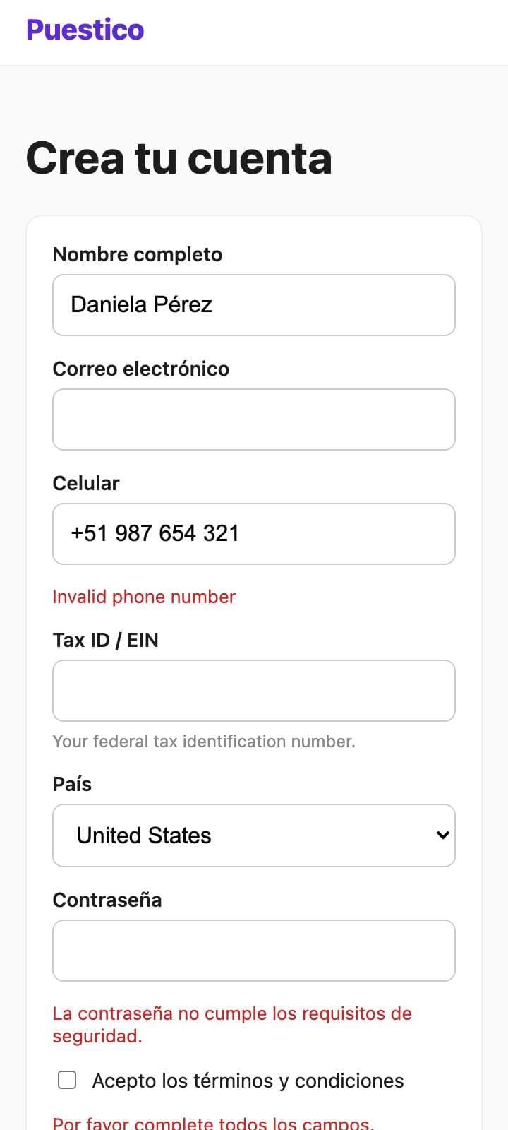 Pantalla de Daniela Pérez en el paso 6 (/registro.html). Marcado: Escribió en “Celular”.