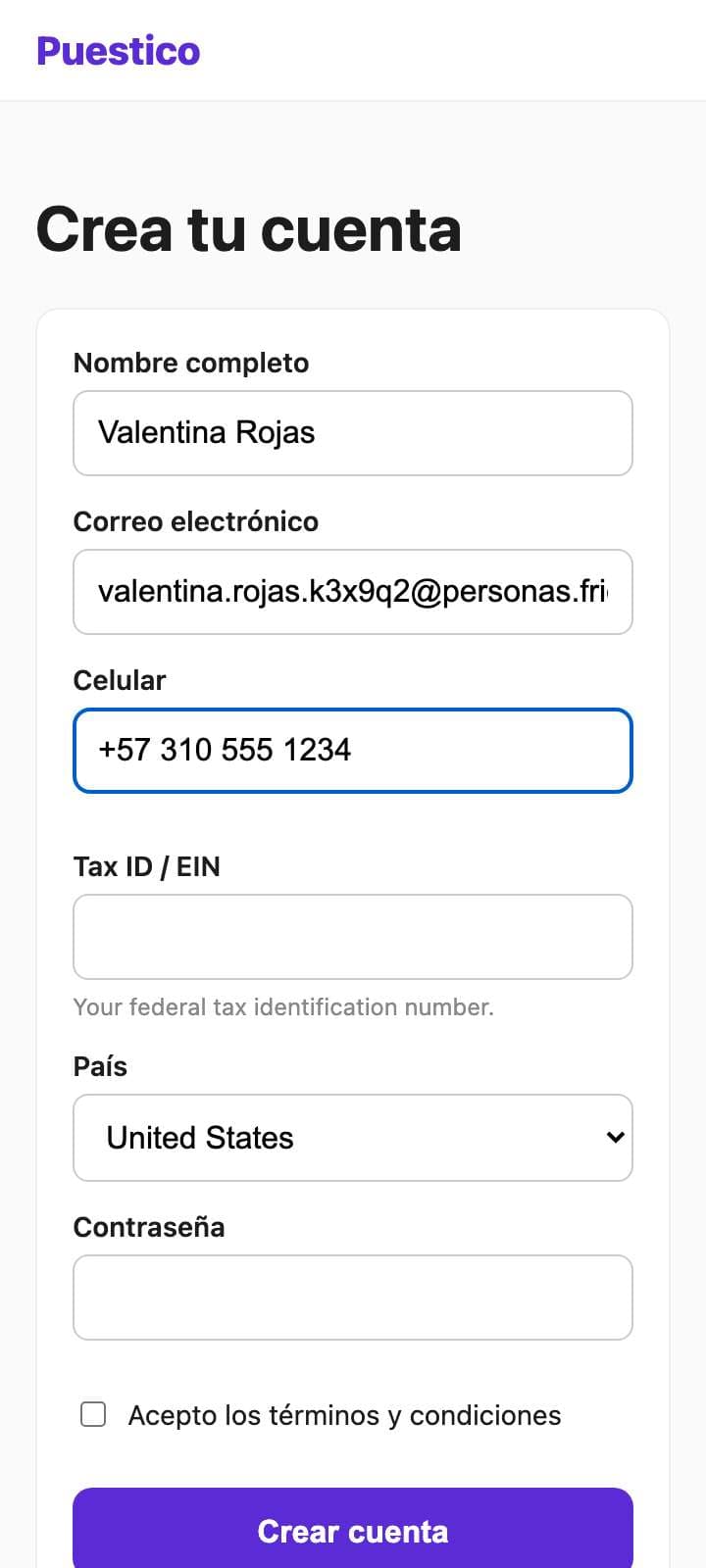 Pantalla de Valentina Rojas en el paso 6 (/registro.html).