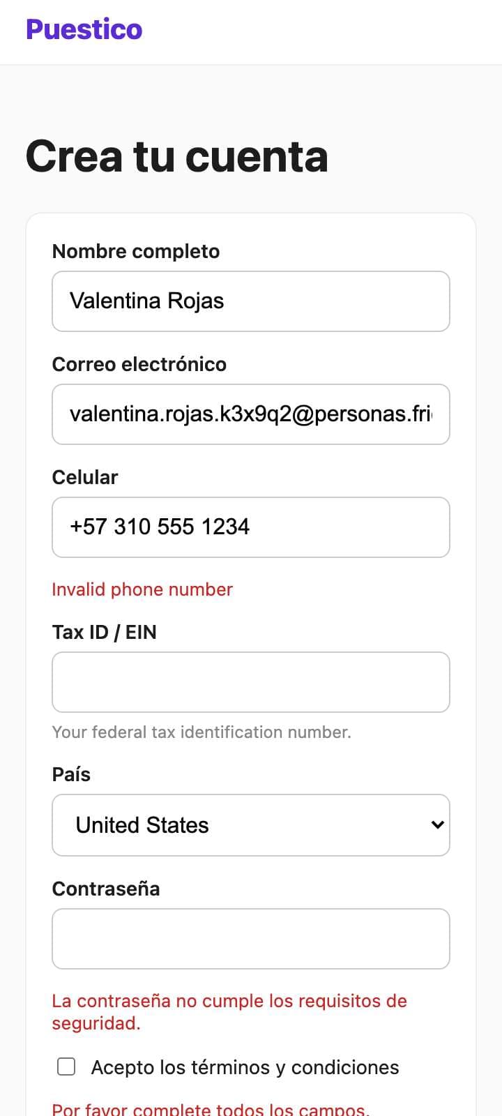 Pantalla de Valentina Rojas en el paso 7 (/registro.html). Marcado: Escribió en “Celular”.